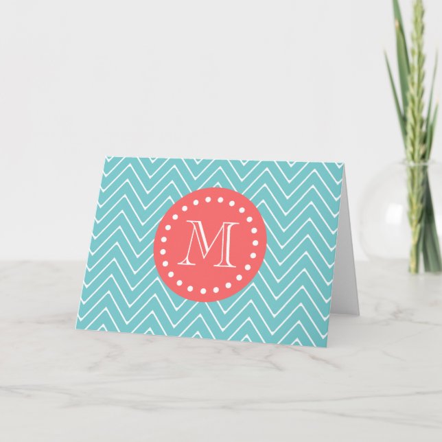 Teal and Coral Chevron with Custom Monogram Note Card (Front)