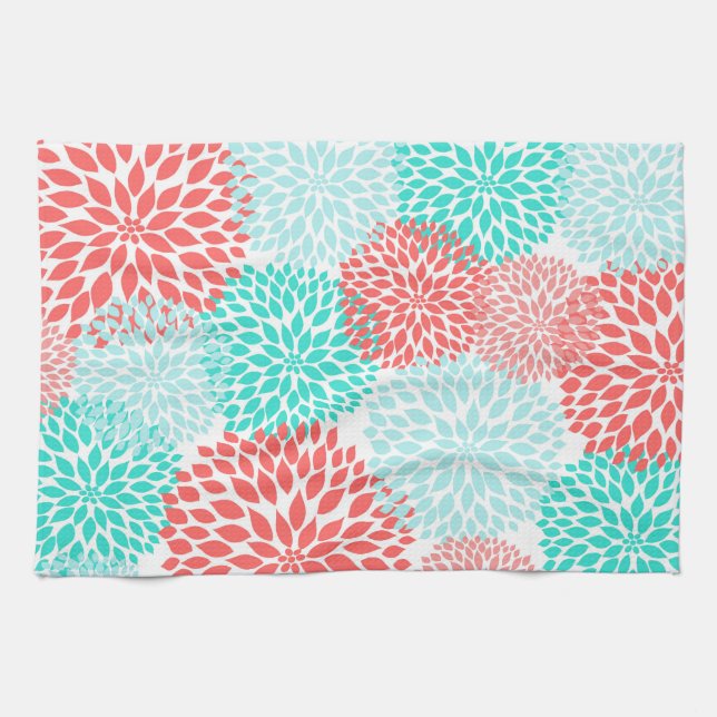 Teal and Coral Floral Kitchen Tea Towel (Horizontal)