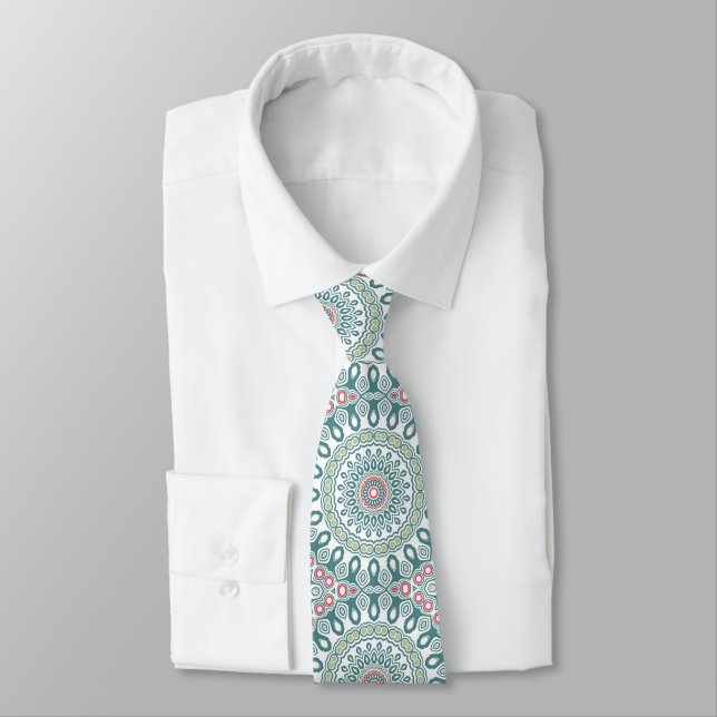 Teal and Coral Mandala Pattern Design Tie (Tied)