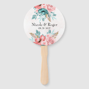 Teal and Coral Peony Flower Wedding Custom Hand Fan