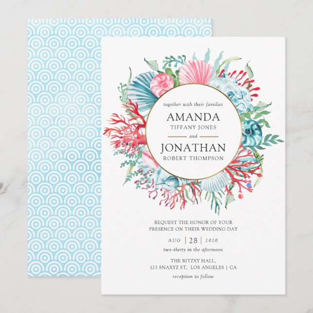 Teal and Coral Summer Beach Wedding Invitation (Front/Back)