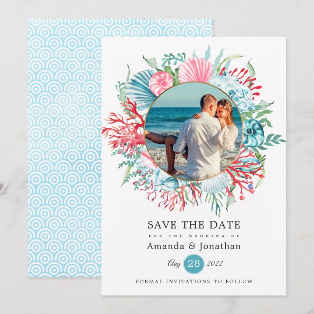 Teal and Coral Summer Beach Wedding Photo Save The Date (Front/Back)