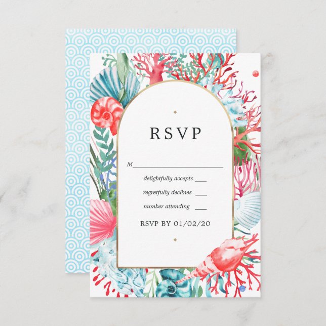Teal and Coral Summer Beach Wedding RSVP Card (Front/Back)