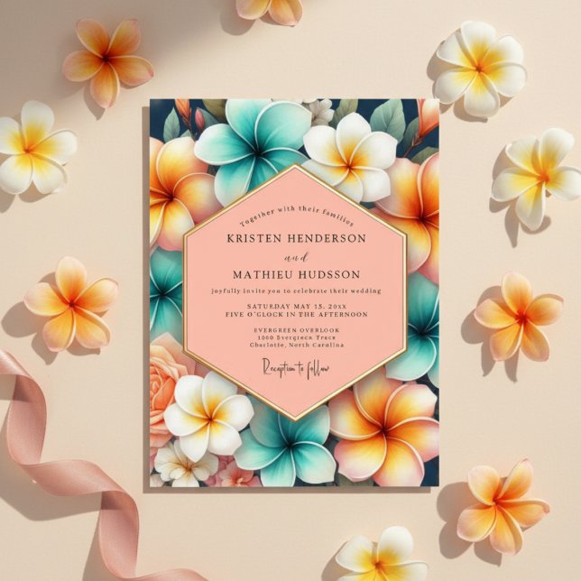 Teal and Coral Tropical Bloom Wedding Invitation (Creator Uploaded)