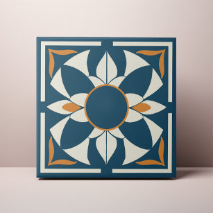 Teal and Cream Azulejo Mandala Ceramic Tile