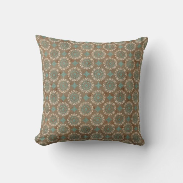 Teal and Cream Circles on Brown Cushion (Front)