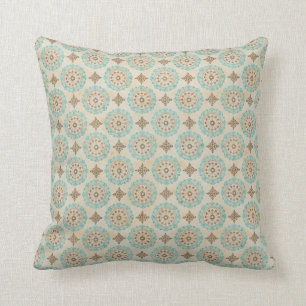 Teal and Cream Circles on Tan Cushion