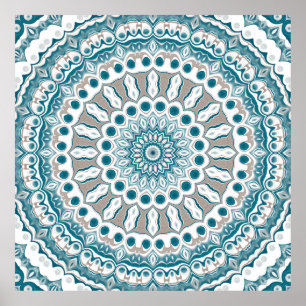 Teal and Cream Radiant Mandala Design Poster