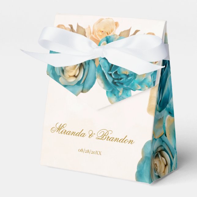 Teal and Creamy Gold Florals Wedding Favour Box (Front Side)