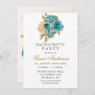 Teal and Creamy Gold Roses Bachelorette Party  Inv Invitation