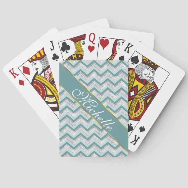 Teal and Crystal Zigzag Pattern Playing Cards (Back)