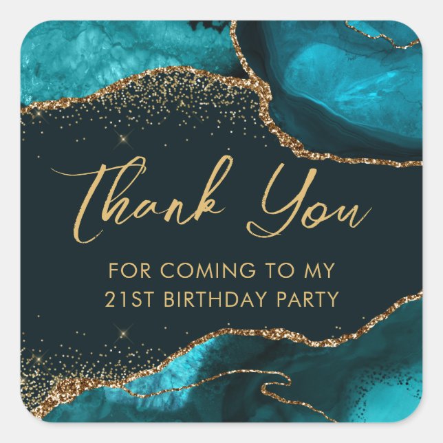Teal and Faux Gold Glitter Agate Birthday Party Square Sticker (Front)