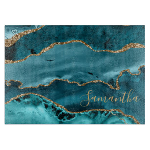 Teal and Faux Gold Glitter Marble Agate Cutting Board