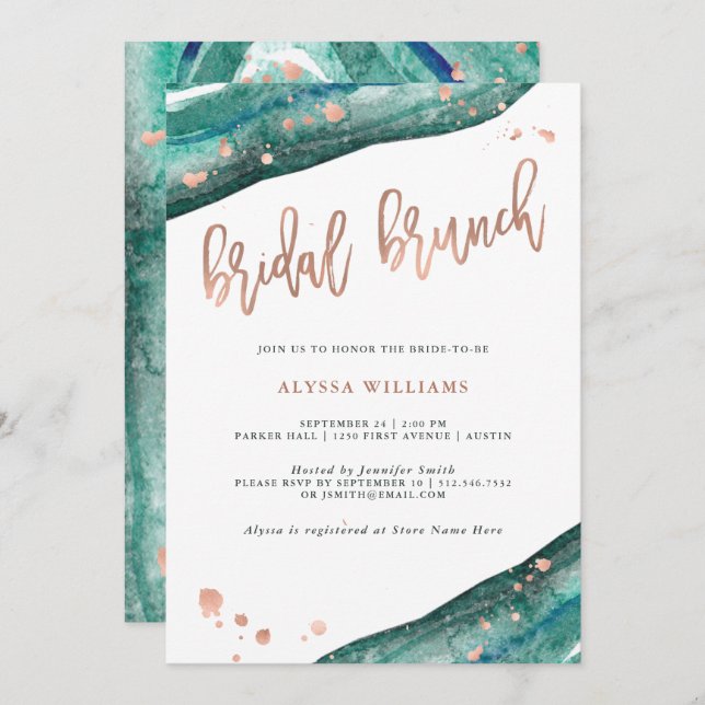 Teal and Faux Rose Gold Geode Bridal Brunch Invitation (Front/Back)