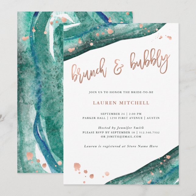 Teal and Faux Rose Gold Geode Brunch and Bubbly Invitation (Front/Back)