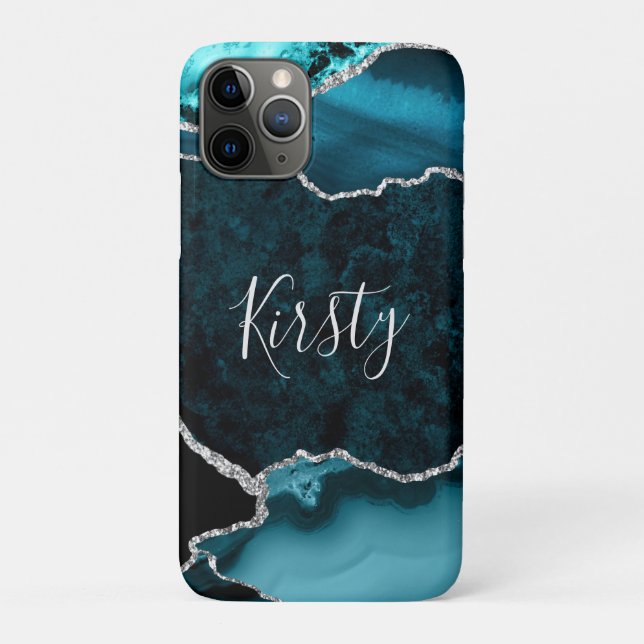 Teal and Faux Silver Glitter Marble Agate Case-Mate iPhone Case (Back)