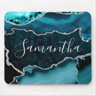 Teal and Faux Silver Glitter Marble Agate Mouse Pad
