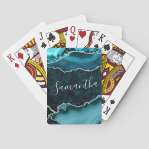 Teal and Faux Silver Glitter Marble Agate Playing Cards