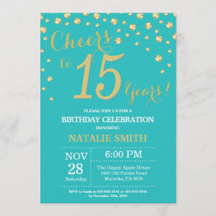 Teal and Gold 15th Birthday Diamond Invitation