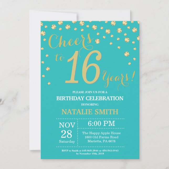 Teal and Gold 16th Birthday Diamond Invitation (Front)