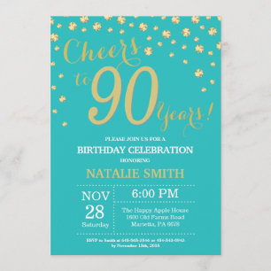 Teal and Gold 90th Birthday Diamond Invitation