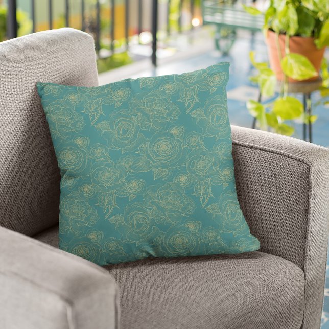 Teal and gold abstract modern floral pattern chic cushion (Creator Uploaded)