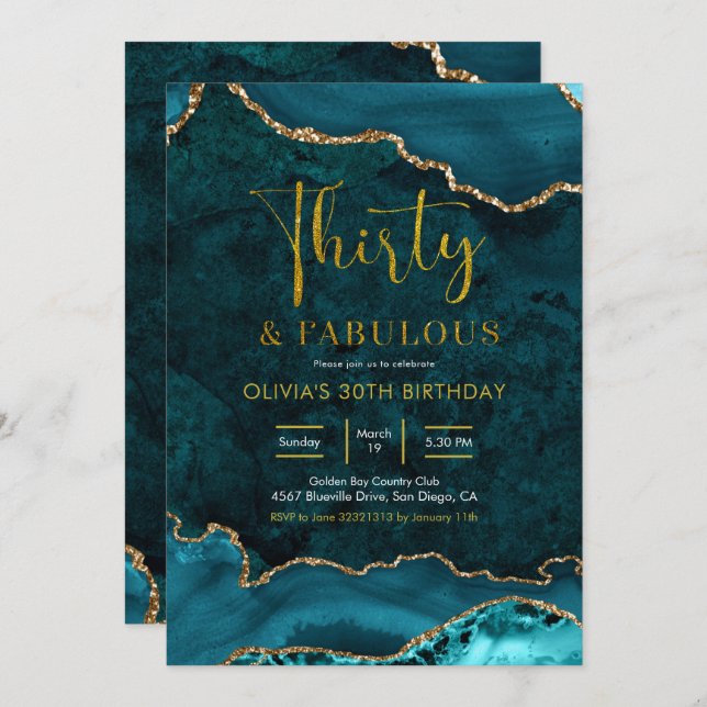 Teal and gold Agate 30th and Fabulous Invitation (Front/Back)