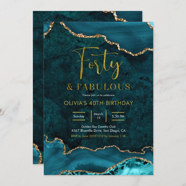 Teal and gold Agate 40th and Fabulous Invitation (Front/Back)