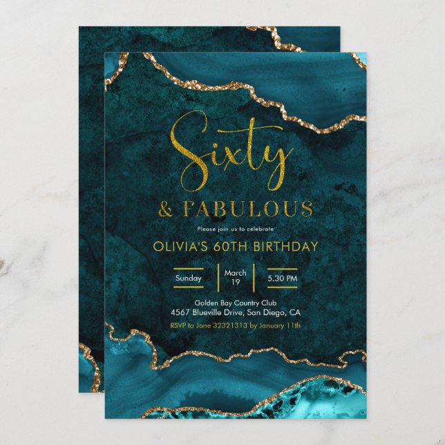 Teal and gold Agate 60th and Fabulous Invitation (Front/Back)