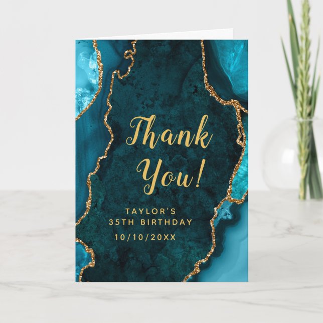 Teal and Gold Agate Birthday Thank You Card (Front)