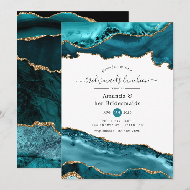 Teal and Gold Agate Bridesmaids Luncheon Invitation (Front/Back)