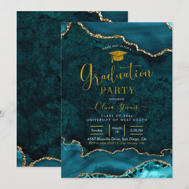 Teal and gold Agate Graduation Party Invitation (Front/Back)