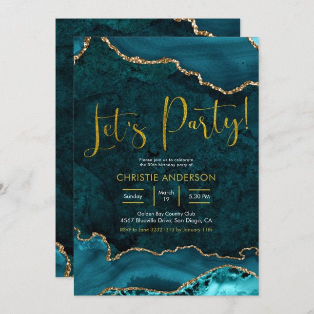 Teal and gold Agate Let's Party Invitation (Front/Back)