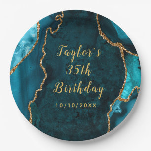 Teal and Gold Agate Marble Birthday Paper Plate
