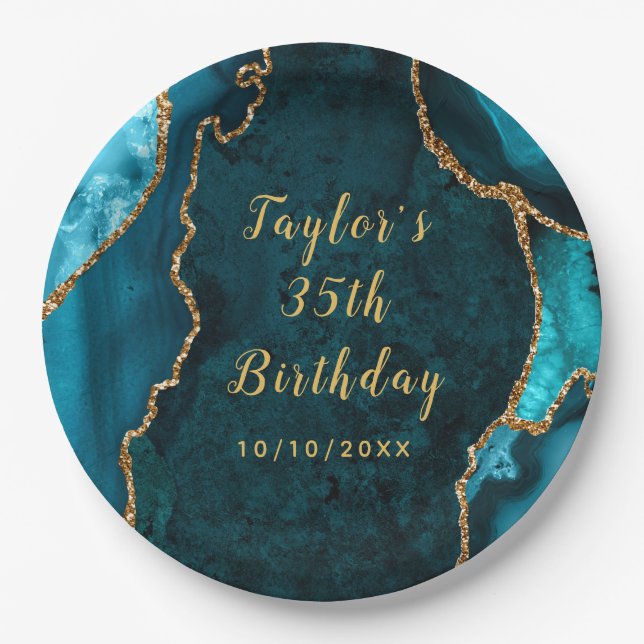 Teal and Gold Agate Marble Birthday Paper Plate (Front)