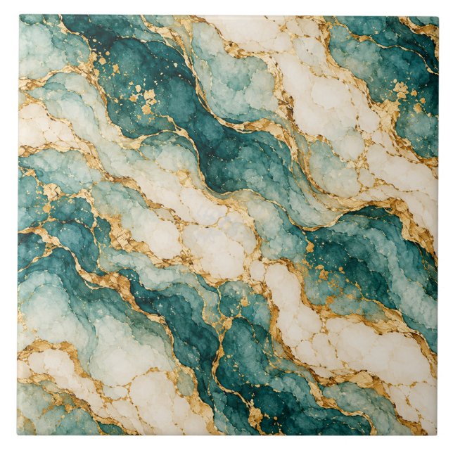 Teal and Gold Agate Marble Ceramic Tile (Front)