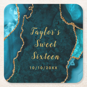 Teal and Gold Agate Marble Sweet Sixteen Square Paper Coaster