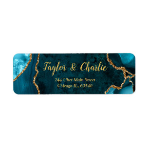 Teal and Gold Agate Marble Wedding Return Address Label