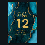 Teal and Gold Agate Marble Wedding Table Number<br><div class="desc">This elegant and glamourous table number wedding sign features a teal blue agate marble background with faux gold glitter accents. The text combines handwritten script and modern sans serif fonts for a classy and sophisticated look. This will be perfect for autumn fall and winter weddings.</div>