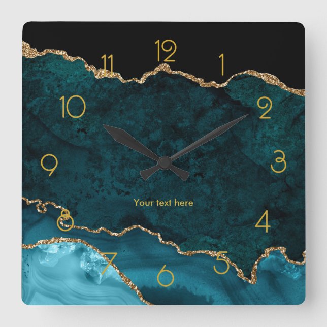 Teal and Gold Agate Personalised Square Wall Clock (Front)