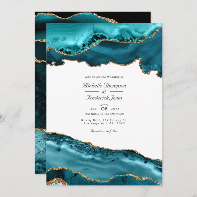 Teal and Gold Agate QR Code RSVP Wedding Invitation (Front/Back)