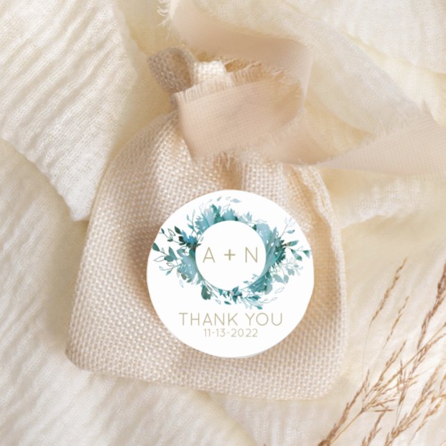 Teal and gold Agate Watercolor monogram  Classic Round Sticker (Creator Uploaded)