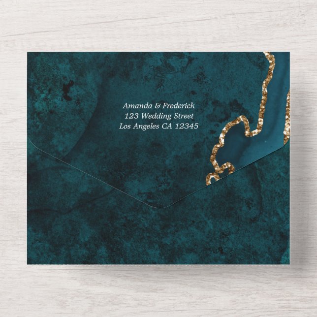 Teal and Gold Agate Wedding All In One Invitation (Back)