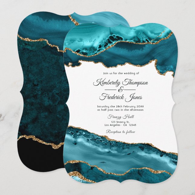 Teal and Gold Agate Wedding Invitation (Front/Back)