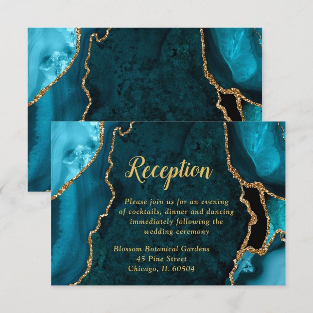 Teal and Gold Agate Wedding Reception Enclosure Card (Front/Back)