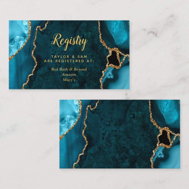 Teal and Gold Agate Wedding Registry Enclosure Card (Front/Back)
