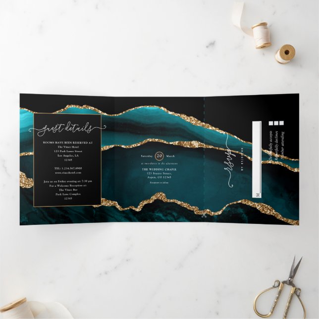 Teal and Gold Agate Wedding Tri-Fold Invitation (Inside)