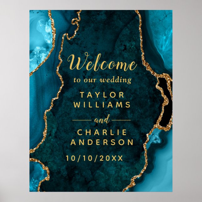 Teal and Gold Agate Wedding Welcome Poster (Front)