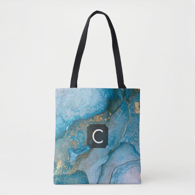 Teal and Gold Alcohol Ink Liquid Art Monogrammed Tote Bag (Front)