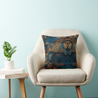 Teal and Gold Antique Boho Geometric Tile Cushion